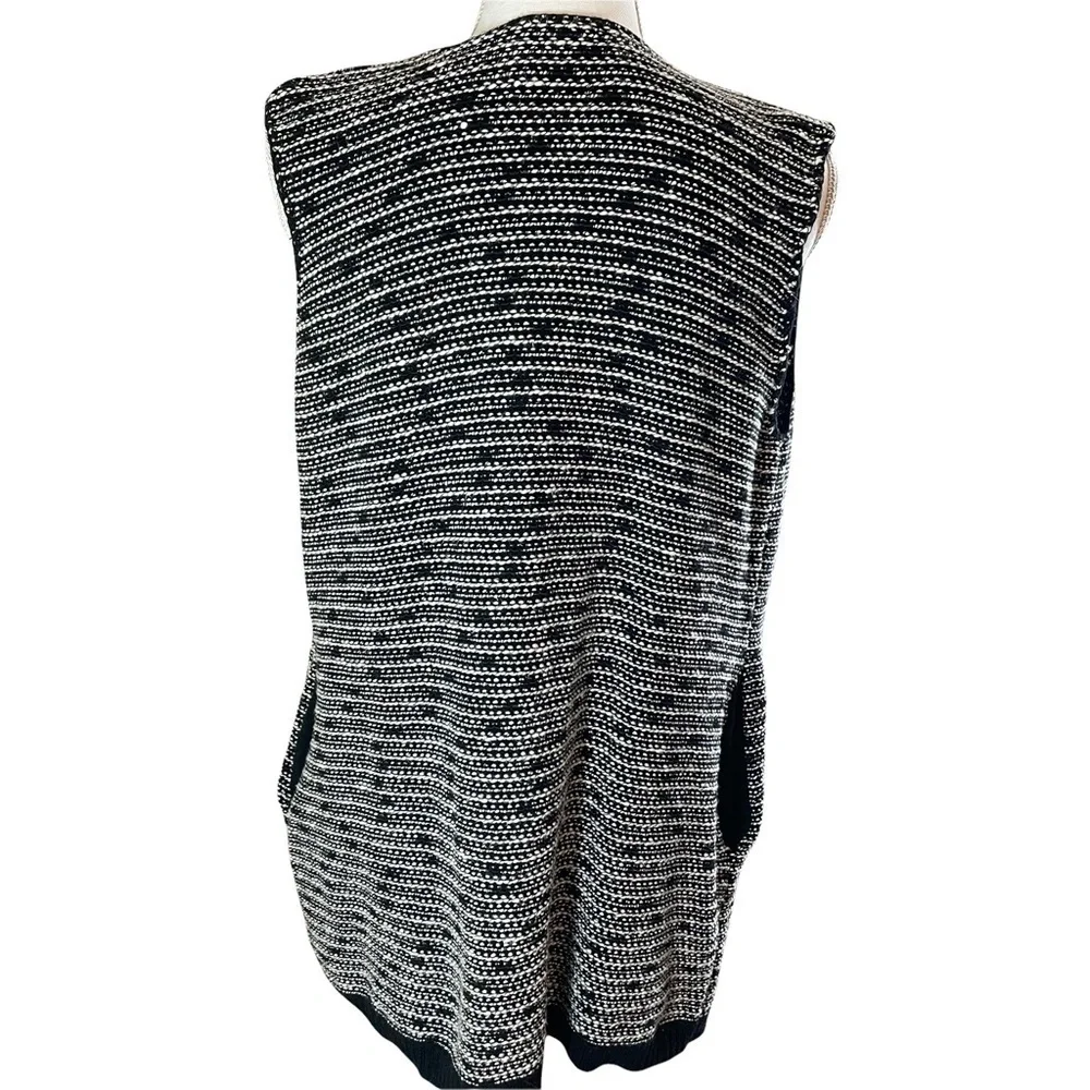 Lysse Fringe Long Cardigan Black & White Sweater Duster Vest with Pockets-S/M